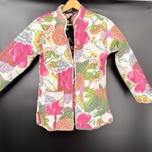 Vintage Unique Reversible Black White Quilted Jacket Floral Blossom Japan Sz M